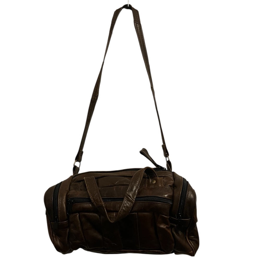 Leather Toiletries Barrel Bag, Brown External Zips, Suede/Fabric Inside 11x6x5”